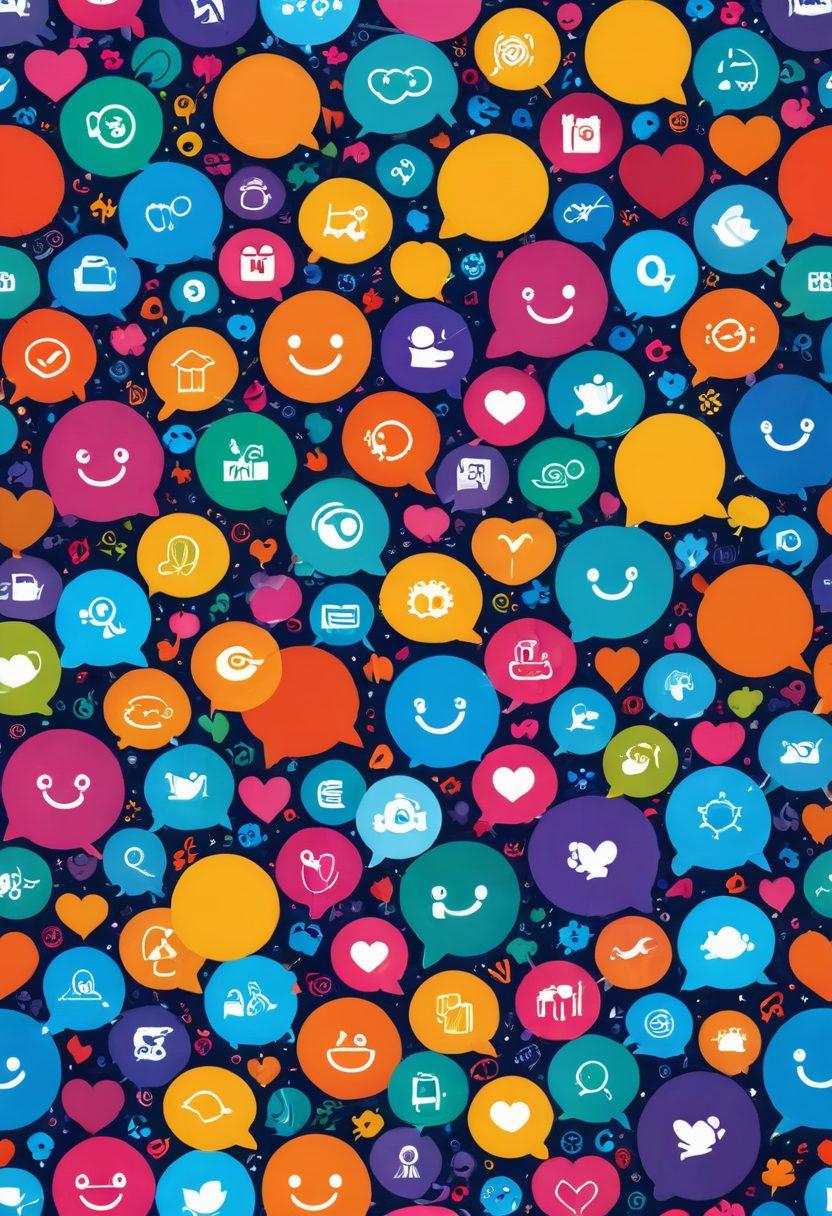 A vibrant illustration of diverse people of different backgrounds smiling and interacting in a digital community space, with colorful icons representing social networking around them. The scene is filled with playful elements like chat bubbles, hearts, and connection lines, symbolizing a happy social hub. The background features a bright, cheerful color palette that evokes positivity and togetherness. super-realistic. vibrant colors. 3D.