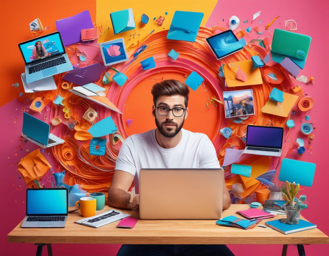 A dynamic collage showcasing diverse content creators immersed in crafting exhilarating experiences, with vibrant scenes of blogging and storytelling. Include elements like colorful laptops, expressive sketches, and engaging social media icons, all radiating creativity and inspiration. The background should be an abstract blend of swirling colors symbolizing creativity and innovation. super-realistic. vibrant colors. 3D.