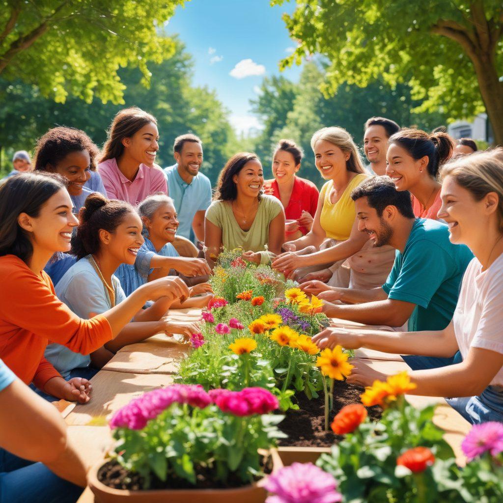 A vibrant community gathering in a sunny park, showcasing diverse individuals engaged in joyful activities such as planting a community garden, playing music, and sharing food. Incorporate bright colors and cheerful expressions, with elements like colorful banners and flowers symbolizing growth and connection. The setting should feel warm and inviting, encapsulating the essence of togetherness and collaboration. super-realistic. vibrant colors. sunny background.